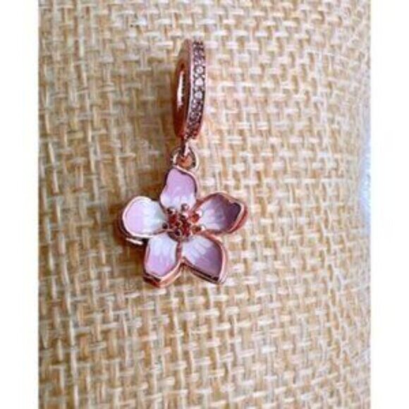 Rose Gold Plated Cherry Blossom Dangle Charm Fits Pandora Charm Bracelets - Picture 4 of 5